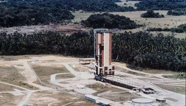 This file photograph taken on December 1, 1979, shows Europe's Ariane 1 rocket ready to take off for its first launch from a launch pad at Kourou in French Guiana.