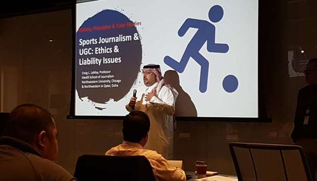 Gulf Times editor-in-chief Faisal Abdulhameed al-Mudahka speaking at the opening of the four-day masterclass on sports journalism at NU-Q