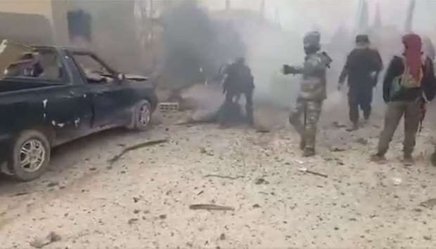 An image grab from a video posted on social media that shows the scene just after the explosion