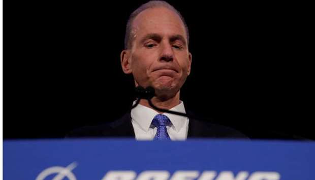 Boeing Co Chief Executive Dennis Muilenburg pauses while speaking during a news conference at the annual shareholder meeting in Chicago, Illinois on April 29, 2019