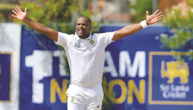 In this file photo taken on July 12, 2018, Vernon Philander appeals for an LBW against Sri Lankau2019s Dimuth Karunaratne during the first day of their opening Test in Galle, Sri Lanka. (AFP)
