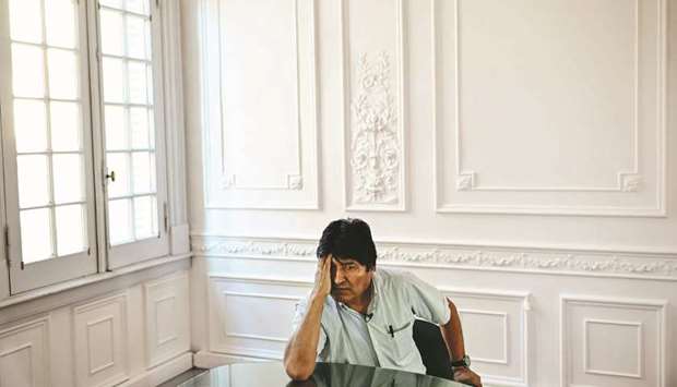 Boliviau2019s ex-President Evo Morales gestures during an interview in Buenos Aires.