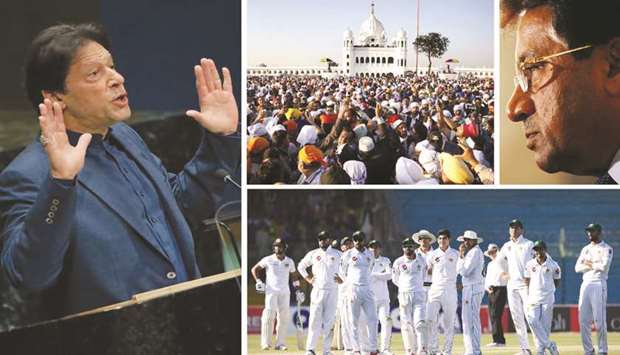 YEAR-ENDER: Clockwise, Prime Minister Imran Khan addressing the UN General Assembly session; Sikh pilgrims throng the last resting place of Baba Guru Nanak in Pakistan following the inauguration of the Kartarpur Corridor; General (retired) Pervez Musharraf, who was awarded capital punishment; and the victorious Pakistan cricket team during the Test match against Sri Lanka in Karachi, which marked the first time in a decade that a Test was played at home.