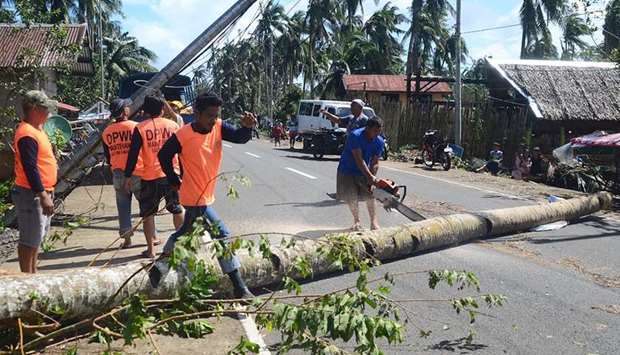 Workers remove a fallen tree and electric pylon destroyed at the height of Typhoon Phanfone in Salcedo town, Eastern Samar province.