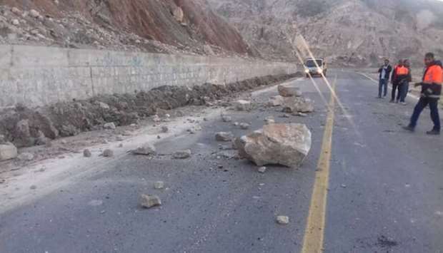 Ahram-Farashband road blocked by a landslide triggered by an earthquake in Iran's southern Bushehr province. AFP/ISNA