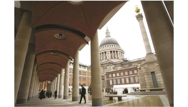 The walkway seen outside the London Stock Exchange building in Paternoster Square. The FTSE 100 index closed up 0.2% to 7,644.90 points yesterday.