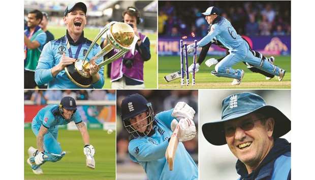 A combination of pictures shows Englandu2019s World Cup cricket captain Eoin Morgan (top left) celebrating with the Cricket World Cup trophy, Englandu2019s Jos Buttler (top right), Englandu2019s Ben Stokes (bottom left), Englandu2019s Joe Root (bottom centre) and head coach Trevor Bayliss (bottom right). The men behind Englandu2019s historic victory at the World Cup have been recognised in the 2020 New Year Honours list. (AFP)
