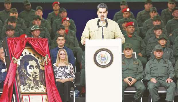 Venezuelau2019s President Nicolas Maduro delivering a speech during a military ceremony in Caracas. Maduro presided a salutation ceremony for the military personnel of the Bolivarian National Armed Forces.