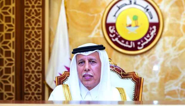 HE the Speaker of the Shura Council Ahmed bin Abdullah bin Zaid al-Mahmoud chairing Monday's session.