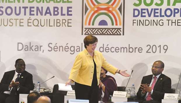 Georgieva gestures during a conference co-organised by the IMF at the Abdou Diouf de Diamniadio conference centre in Diamniadio.
