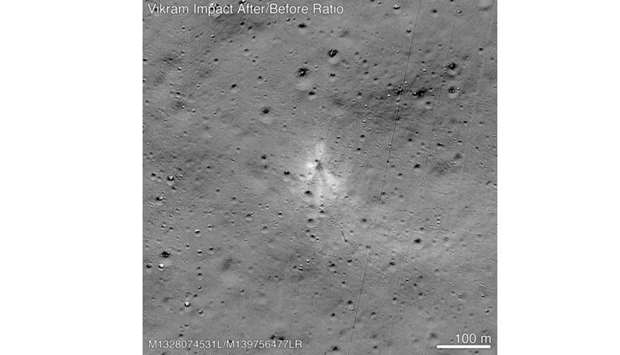 This handout image released by NASA, and taken by the Lunar Reconnaissance Orbiter Camera team shows the Vikram Lander impact point. AFP/NASA