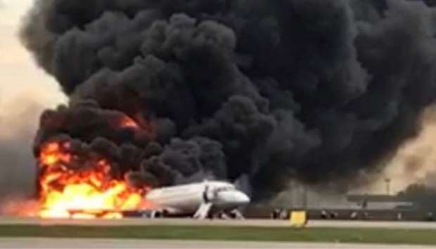 Aeroflot's Sukhoi Superjet 100 passenger plane catches fire after an emergency landing at the Sheremetyevo Airport outside Moscow on May 5. Photo: The Investigative Committee of Russia/Handout via REUTERS