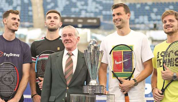 Australian legend Ken Rosewall (third from left) was joined by ATP stars Borna Coric, Grigor Dimitrov, David Goffin and Jamie Murray in Sydney to unveil  the upgrades to Ken Rosewall Arena at Sydney Olympic Park Tennis Centre ahead of the start of the ATP Cup on January 3.