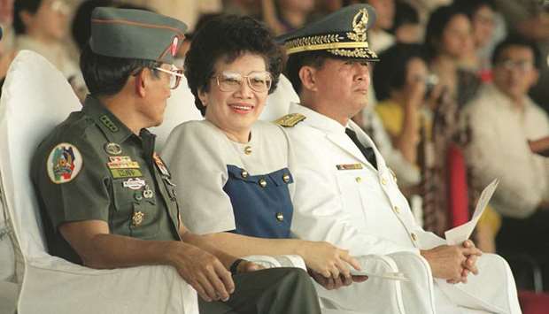 File photo shows President Corazon Aquino, outgoing armed forces chief General Fidel Ramos (left) and new armed forces chief General Renato de Villa attend the turnover rites on June 26, 1988 at the Philippine military headquarters in Camp Aguinaldo in Manila.