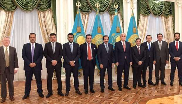 HE Sheikh Abdulla with President of Kazakhstan, Kassym-Jomart Tokayev as well as other Qatari and Kazakhstan dignitaries at the high-level meeting in Nur-Sultan.