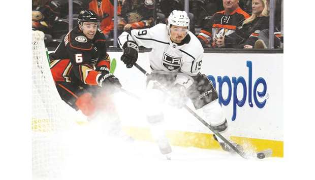 Los Angeles Kings left wing Alex Iafallo (19) controls the puck against Anaheim Ducks defenseman Erik Gudbranson (6) during the first period at Honda Center. PICTURE: USA TODAY Sports