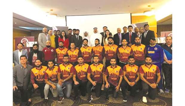 Qatar Cricket Association (QCA) president Yousef Jeham al-Kuwari, International Pro Event CEO Sajjad Chaudhry, team owners, QCA officials, local senior and junior players pose at the launch ceremony for the Qatar T10 Cricket League.