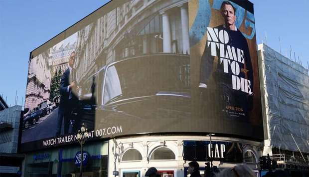 A film trailer for the 25th instalment in the James Bond series entitled ,No Time to Die, is displayed at Piccadilly Circus in London