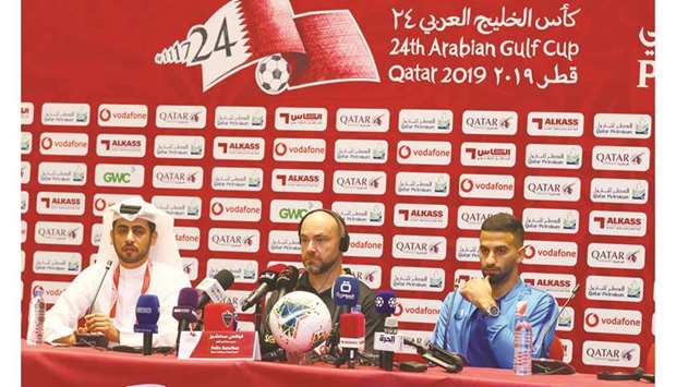 Qatar coach Felix Sanchez (centre) and goalkeeper Saad al-Sheeb address a press conference on the eve of their 24th Arabian Gulf Cup semi-final against Saudi Arabia in Doha.