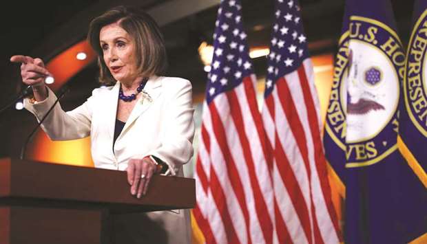 House Speaker Nancy Pelosi (D-CA) points at Sinclair Broadcast Group reporter James Rosen and responds u201cI donu2019t hate anybodyu201d after he asked her u201cDo you hate the President?u201d as she departed at the conclusion of a news conference about the House impeachment inquiry into President Donald Trump on Capitol Hill in Washington yesterday.