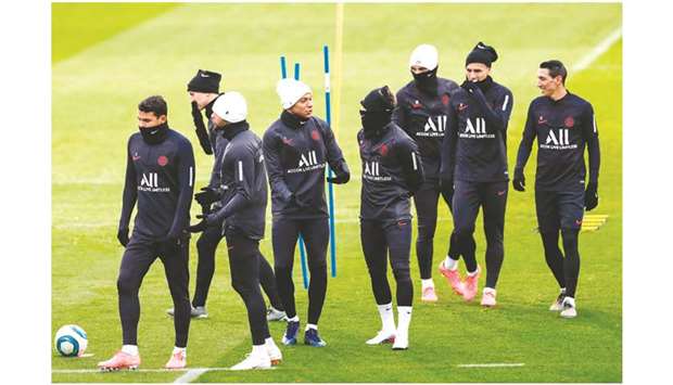 Paris Saint-Germain players during a training session in Saint-Germain-en-Laye, outside Paris, on the eve of their match against Montpellier. (AFP)