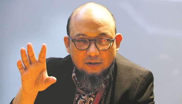 Novel Baswedan gestures as he talks during an interview at Corruption Eradication Commission (KPK) headquarters in Jakarta yesterday.