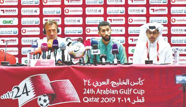 Saudi Arabia coach Herve Renard (left) listens to a question during a press conference on the eve of the 24th Arabian Gulf Cup final against Bahrain in Doha. PICTURES: Noushad Thekkayil