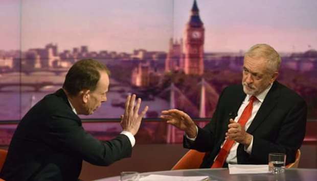 Jeremy Corbyn being interviewed by Andrew Marr on the BBC. PICTURE: Jeff Overs/BBC/PA
