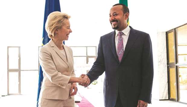 European Commission President Ursula von der Leyen (left) is welcomed by Ethiopiau2019s Prime Minister Abiy Ahmed, during her visit to Addis Ababa, yesterday.