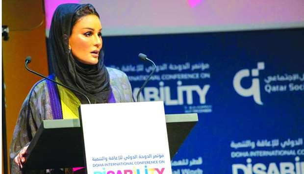Her Highness Sheikha Moza bint Nasser, Founder of Qatar Foundation for Social Work, addressing  the Doha International Conference on Disability and Development (DICDD)