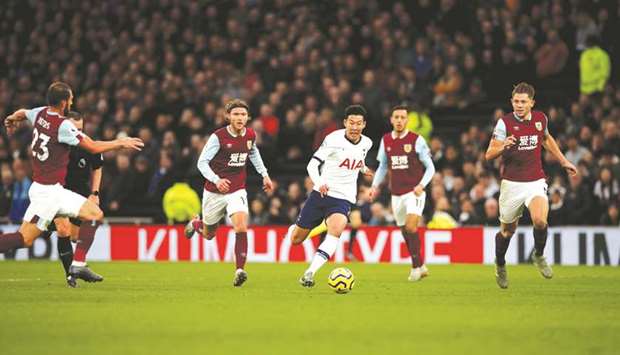 Tottenhamu2019s Son Heung-min (centre) in action against Burnley on Saturday. (Reuters)