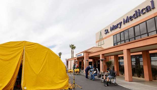St Mary Medical Center uses triage tents to handle the overflow at its 200 bed hospital during the outbreak of the coronavirus disease (Covid-19) in Apple Valley, California