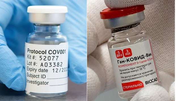 A vial of the University of Oxford's Covid-19 candidate vaccine, known as AZD1222, co-invented by the University of Oxford and Vaccitech in partnership with pharmaceutical giant AstraZeneca and Russia's Gam-Covid-Vac vaccine against Covid-19 registered under trade name Sputnik V