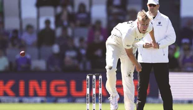 New Zealandu2019s paceman Kyle Jamieson bowls during second Test against the West Indies at the Basin Reserve in Wellington yesterday. (AFP)