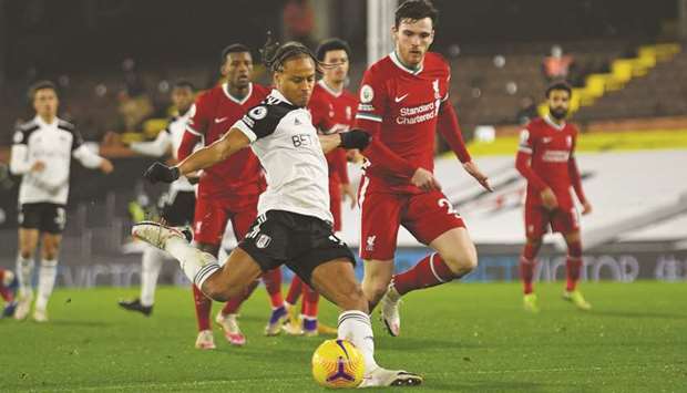 Fulhamu2019s Bobby Decordova-Reid scores against Liverpool in the Premier League in London yesterday. (AFP)