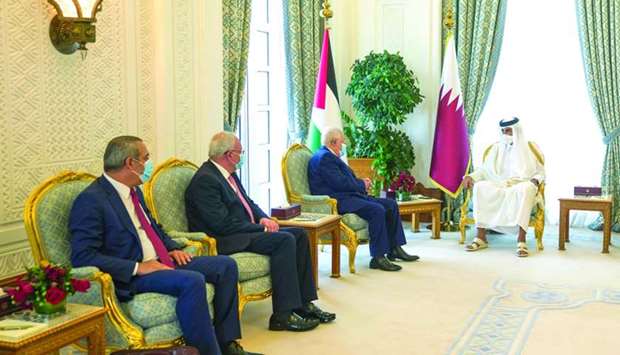 His Highness the Amir Sheikh Tamim bin Hamad al-Thani meets with President of Palestine Mahmoud Abbas
