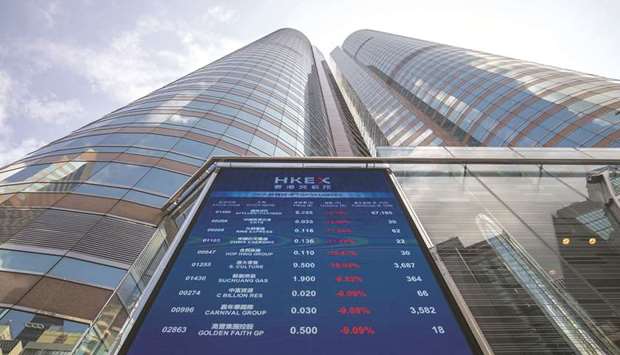 A screen displays stock figures outside the Hong Kong Stock Exchange. The Hang Seng closed up 1.0% to 26,460.29 points yesterday.