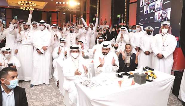 Deputy Prime Minister and Minister of Foreign Affairs HE Sheikh Mohamed bin Abdulrahman al-Thani, QOC President and Doha 2030 Bid Committee Chairman HE Sheikh Joaan bin Hamad al-Thani, Qatar Foundation Vice Chairperson and CEO HE Sheikha Hind bint Hamad al-Thani and the rest of the Qatari delegation celebrate as Doha is announced as hosts of Asian Games 2030 in Muscat, Oman, on Wednesday.