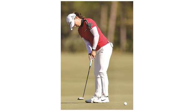 Ko Jin-young of South Korea putts on the tenth green during the second round of the CME Group Tour Championship at Tiburon Golf Club in Naples, Florida, on Friday.