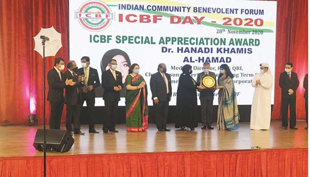 Dr Hanadi al-Hamad was presented with the ICBF Special Appreciation Award by Indian ambassador Dr Deepak Mittal at the ICBF Day 2020 event.