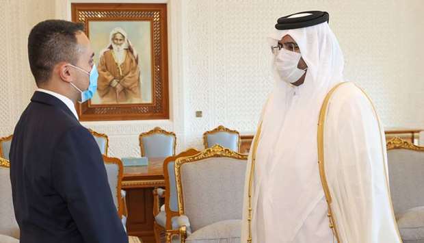 His Highness the Deputy Amir Sheikh Abdullah bin Hamad Al-Thani meets with Italy's Minister of Foreign Affairs and International Cooperation Luigi Di Maio