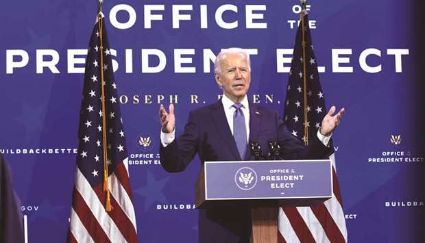 President-elect Joe Biden speaks during an event to name his economic team at the Queen Theater in Wilmington, Delaware yesterday.