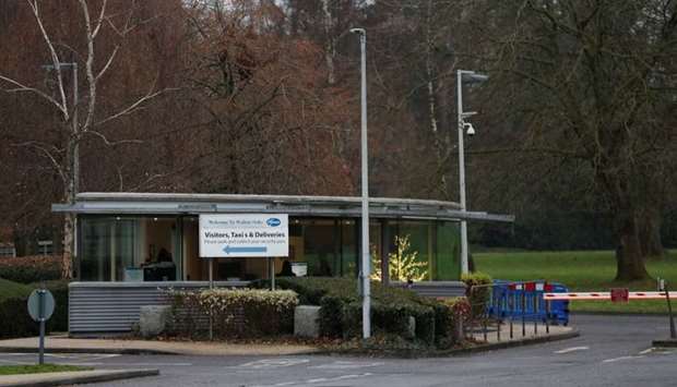 The entrance to the Pfizer UK headquarters is seen in Tadworth, Britain