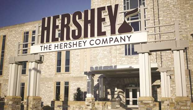 Signage is displayed outside of Hersheyu2019s headquarters in Hershey, Pennsylvania (file).