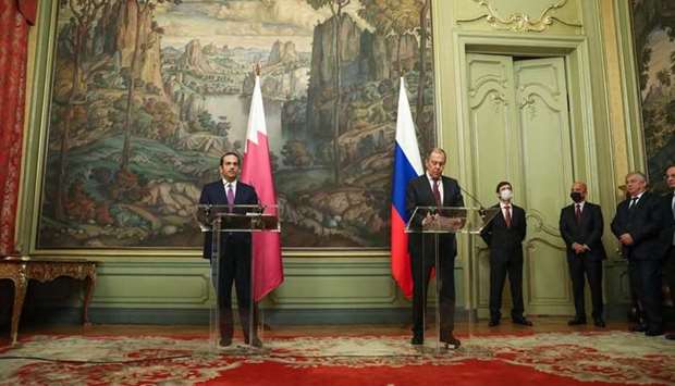HE the Deputy Prime Minister and Minister of Foreign Affairs speaking at a joint press conference with the Russian foreign minister in Moscow