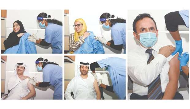 Top left (clockwise): Dr Soha al-Bayat, Dr Muna al-Maslamani, Dr Abdullatif al-Khal, Dr Hamad al-Romaihi and Sheikh Dr Mohammed al-Thani receiving the Covid-19 vaccine.