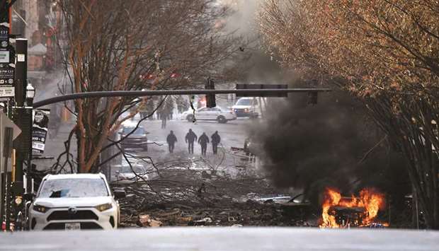 This picture taken on Friday shows a burning vehicle near the site of an explosion in Nashville.