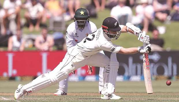 New Zealandu2019s Kane Williamson plays a forward defensive shot against Pakistan at the Bay Oval in Mount Maunganui yesterday.