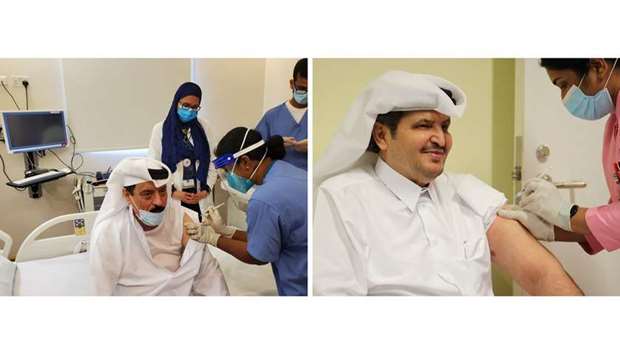 HE the Minister of State Abdul Rahman bin Hamad al-Attiyah, left, and HE the Minister of State of Sheikh Hamad bin Suhaim al-Thani receiving the Covid-19 vaccine.