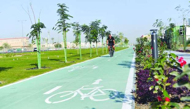 A section of the 5.4km bicycle path on the east side of the new Al Hatim Street in Al Gharrafa Area on Sabah Al Ahmad Corridor.